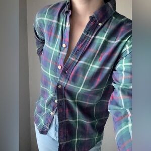 Ralph Lauren green & blue plaid flannel button down XS petite Christmas holiday